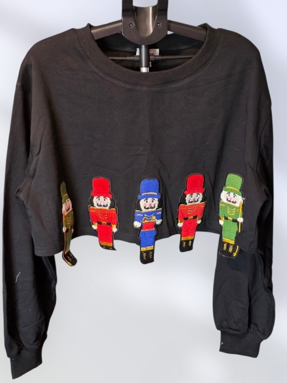 Black Cropped Sweatshirt with Nutcracker Embroidery - Women